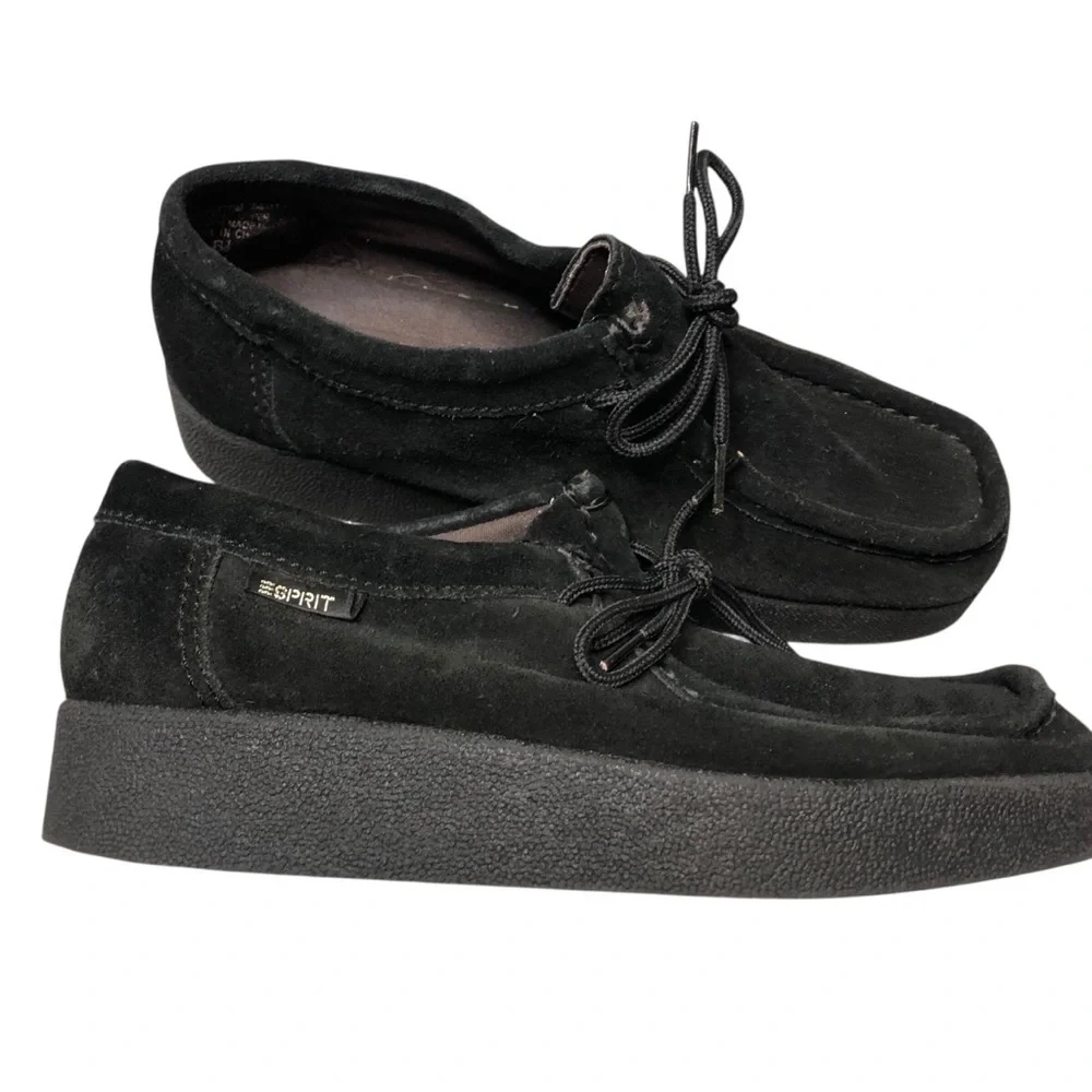 Vtg 90's Y2K Esprit Suede Loafer Black Platform Square Toe Sz 6.5 Retro Grunge